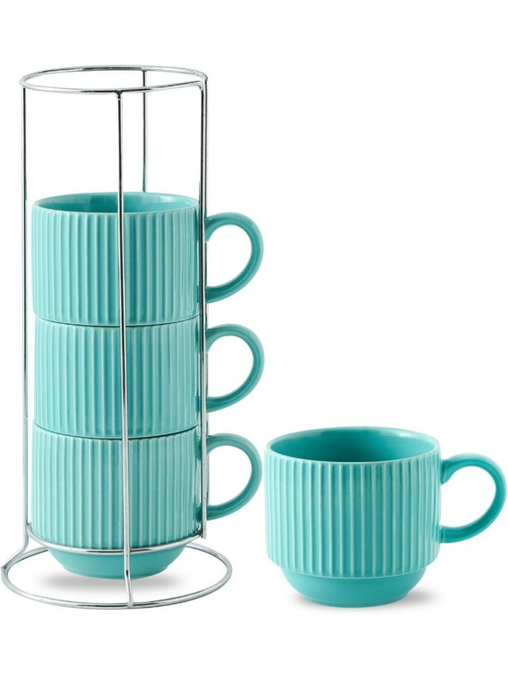 Stackable Ceramic Coffee Mug Set of 4 - Large Ribbed Latte Cups, Dishwasher Safe